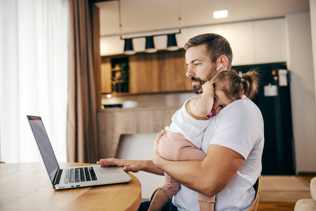 Stock Photo Employee Sitting Home Finishing His Work Laptop While Putting Sleep